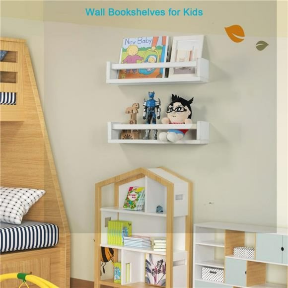 Nursery Book Shelves, Set of 2 Wood Floating Book Shelves for Kids, Rustic White - Picture 2 of 12